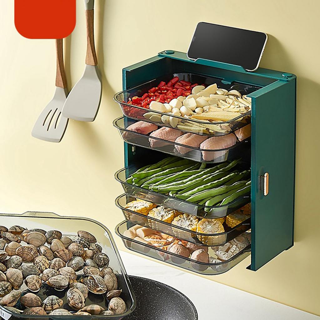 Kitchen Side Dishes Punch Free Foldable PET 6 Layers Wall Mounted Organization Rack Cooking Plates Storage Shelf Light