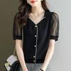 Summer New Women T-Shirts Korean Fashion Solid V-Neck Lace Hollow Out Button Ice Silk Thin Short Sleeve Pullovers Knitted Tops