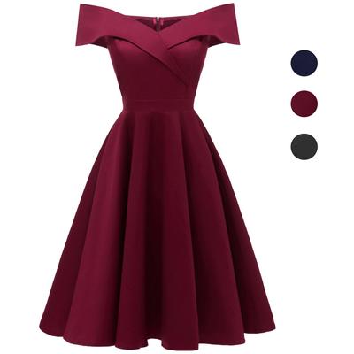 Женское винтажное платье миди с открытыми плечами и бардо, атласное платье миди с фигурным вырезом, классическое маленькое черное платье, вечерняя вечеринка, коктейль, свадебный наряд для гостей