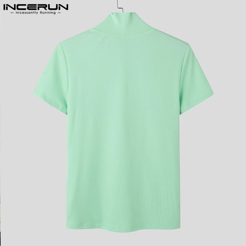 INCERUN Летние мужские футболки с высоким воротом и коротким рукавом в рубчик, облегающие повседневные футболки, топы