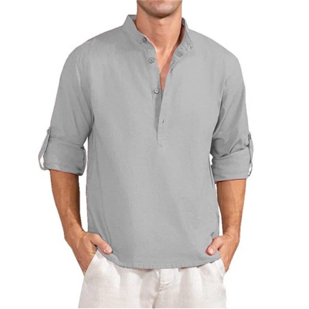 Весенне-летняя мужская льняная футболка с длинным рукавом, свободные однотонные топы, повседневная дышащая хлопковая льняная рубашка