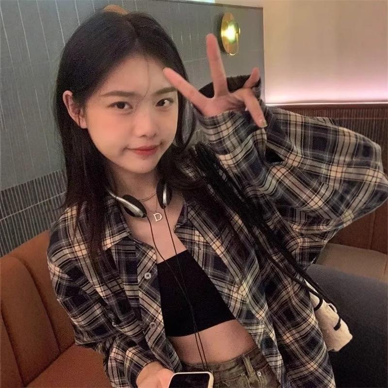 Korean Chic Yellow & Black Plaid Women's Loose Mid-Length Sun Protection Shirt