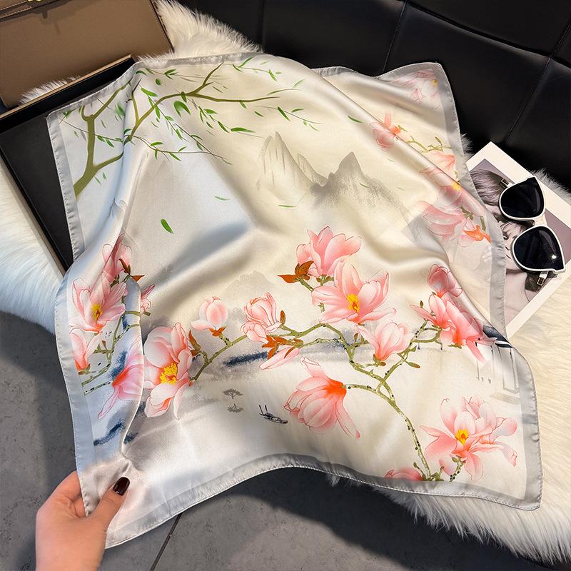 New temperament versatile cotton and linen elegant leaves big flower printing silk scarf scarf headscarf 71 square scarf double-sided