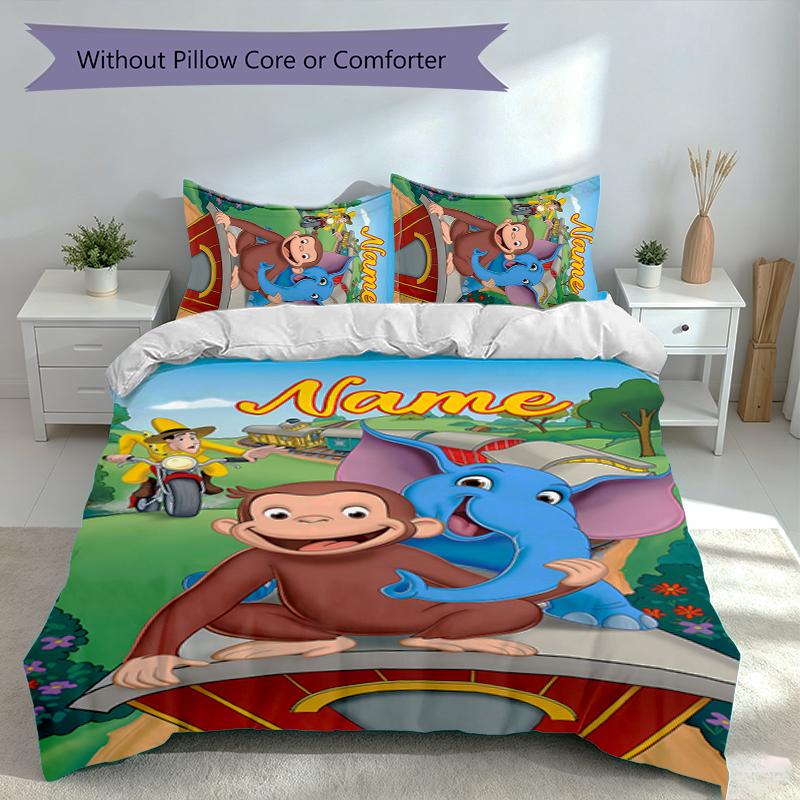 3pcs Custom Name Curious George Set,Includes 1 Duvet Cover and 2 Pillowcases,All-season Bedroom Decor