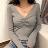 Женский осенний однотонный пуловер с длинным рукавом и v-образным вырезом, вязаный свитер, топы