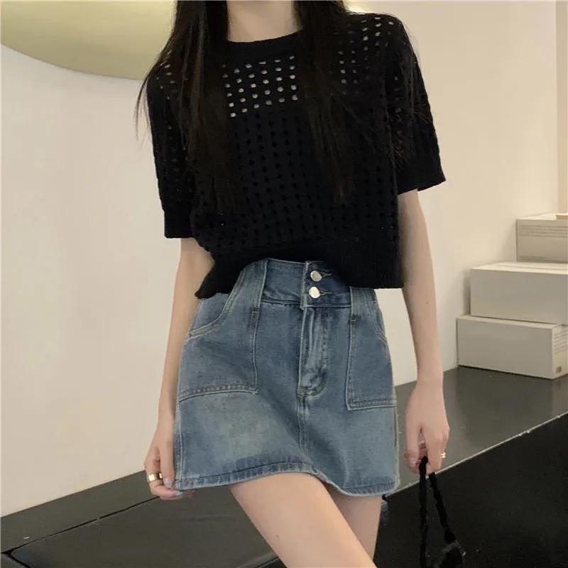 WTEMPO Женский летний ажурный короткий вязаный пуловер с коротким рукавом, тонкий халат, однотонные повседневные топы с круглым вырезом, трикотаж