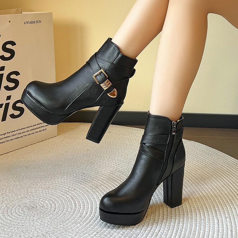 Fashion High Heels Women Ankle Boots Side Zip Fall Winter Platform Ladies Boots Large Size Fashion Shoes Black Beige Buckle Short Botas