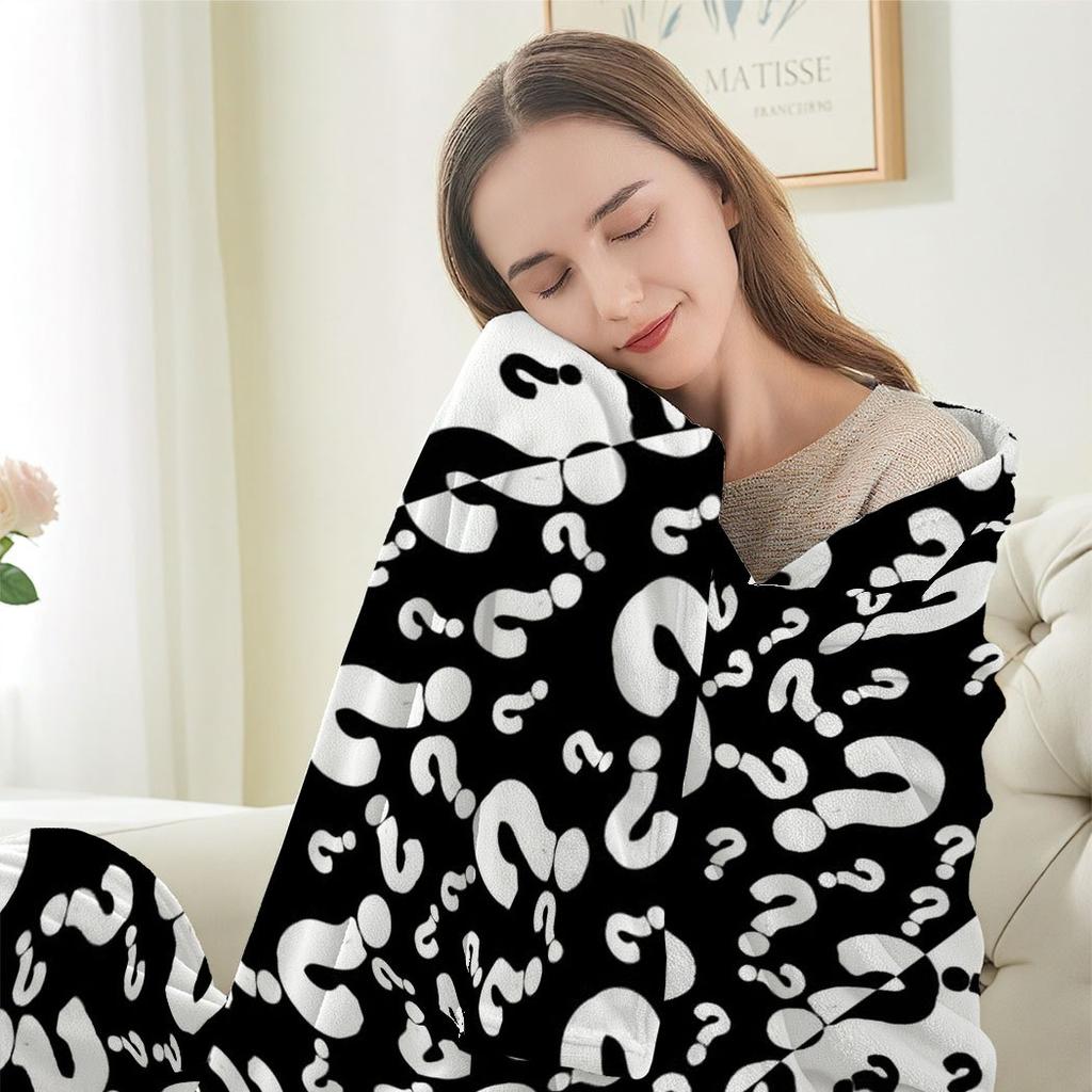 Question Mark Flannel Throw Blanket – Black & White Pattern, Soft Cozy Fleece for Home, Office, Sofa & Car – All-Season Use