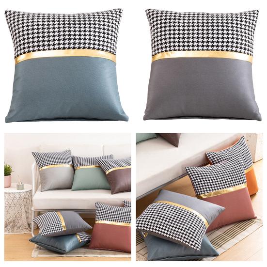 Square Pillow Case Houndstooth Solid Color Golden Strap Splicing Thickened Sofa Bed Decoration Pillow Cushion Cover for Indoor