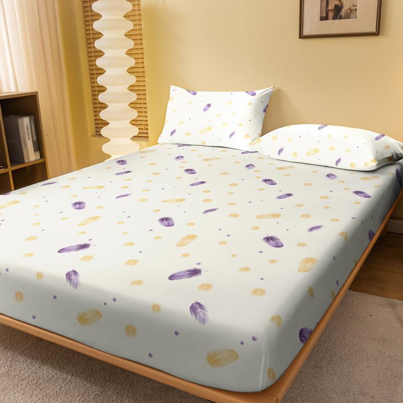 1 Simple Modern Feather Printed Matte Fitted Sheet, Bedroom Printed Bed Cover, Bedding (Excluding Pillowcases)