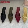 Fashion Big Size 43 Fashion Butterfly-Knot Ladies Heels Slippers Female Pointed Toe Slides Women Heeled Slippers Sandals Shoes Mules