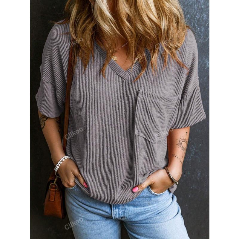 YYFS Женские модные повседневные летние весенние однотонные блузки и рубашки с v-образным вырезом и короткими рукавами с принтом