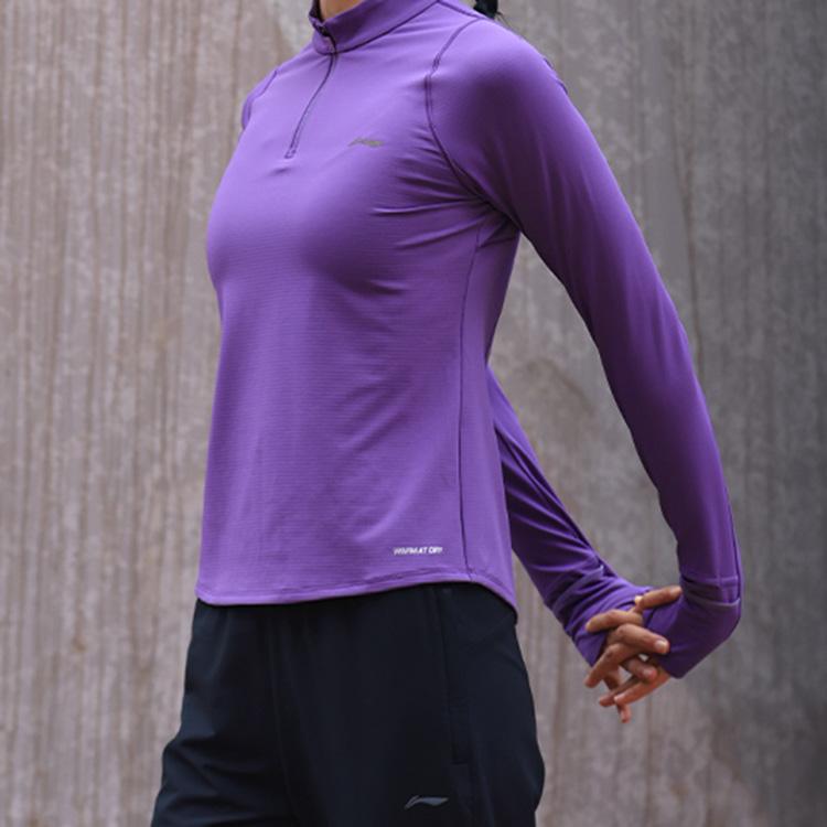 Футболка Li Ning Running Series с флисовой подкладкой и воротником-стойкой, с длинными рукавами, женская, цвет: минеральный-фиолетовый ATLU050-5