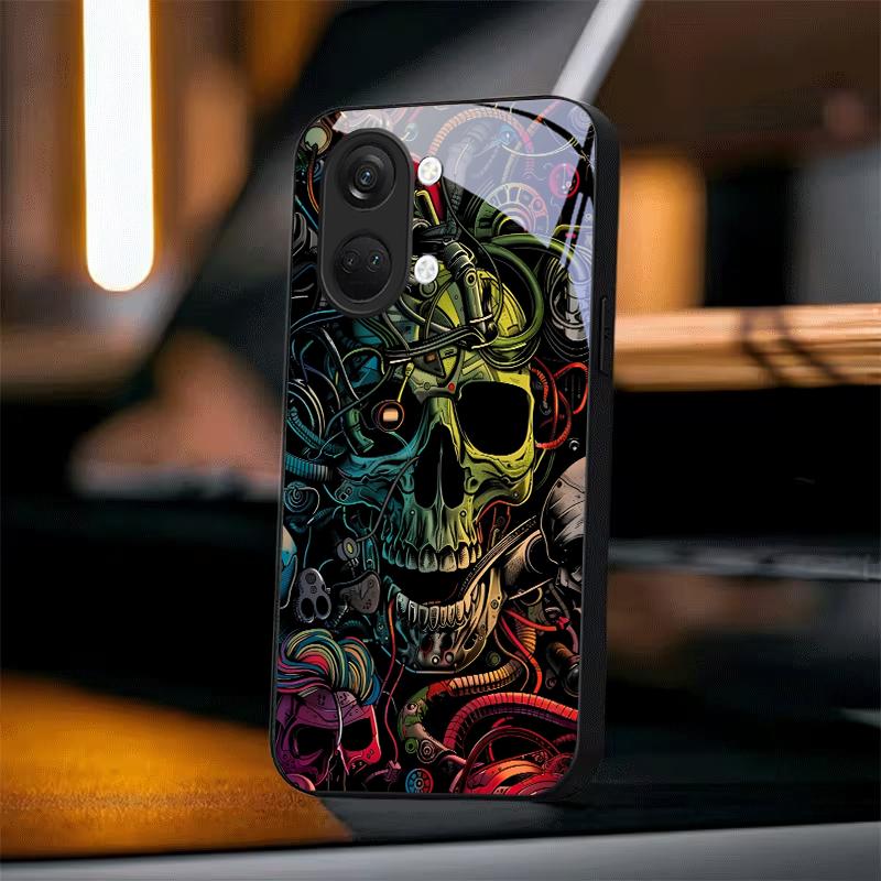 Neon Tech Skull Graffiti Black Glass Phone Case For OnePlus Ace 2 3 5 Pro Nord CE 2T 2 3 Lite 6 7T 8 9 10 Pro 11R 12R 13R Cover