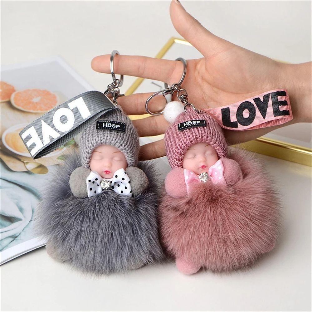 Ball Pendant Jewelry Gift Sleeping Baby Doll Plush Keychain Pompom Keyring Fluffy Plush Doll