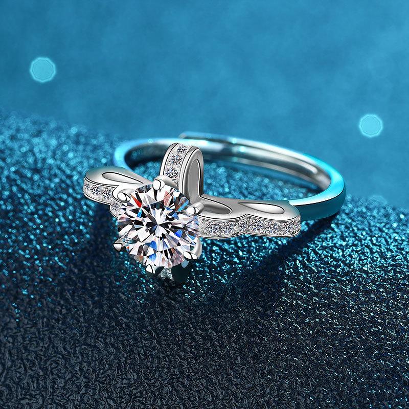 Кольцо-бантик из стерлингового серебра S925 с цветком на руку и бриллиантом в один карат, простое открытое кольцо в виде маленькой феи