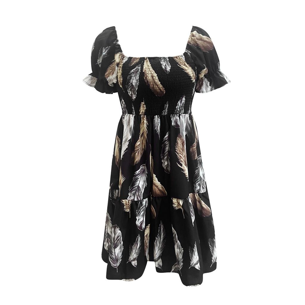 Women's Summer Fashion One Neck Short Gradient Printed Sleeve Mini Dress Ruffle Dress