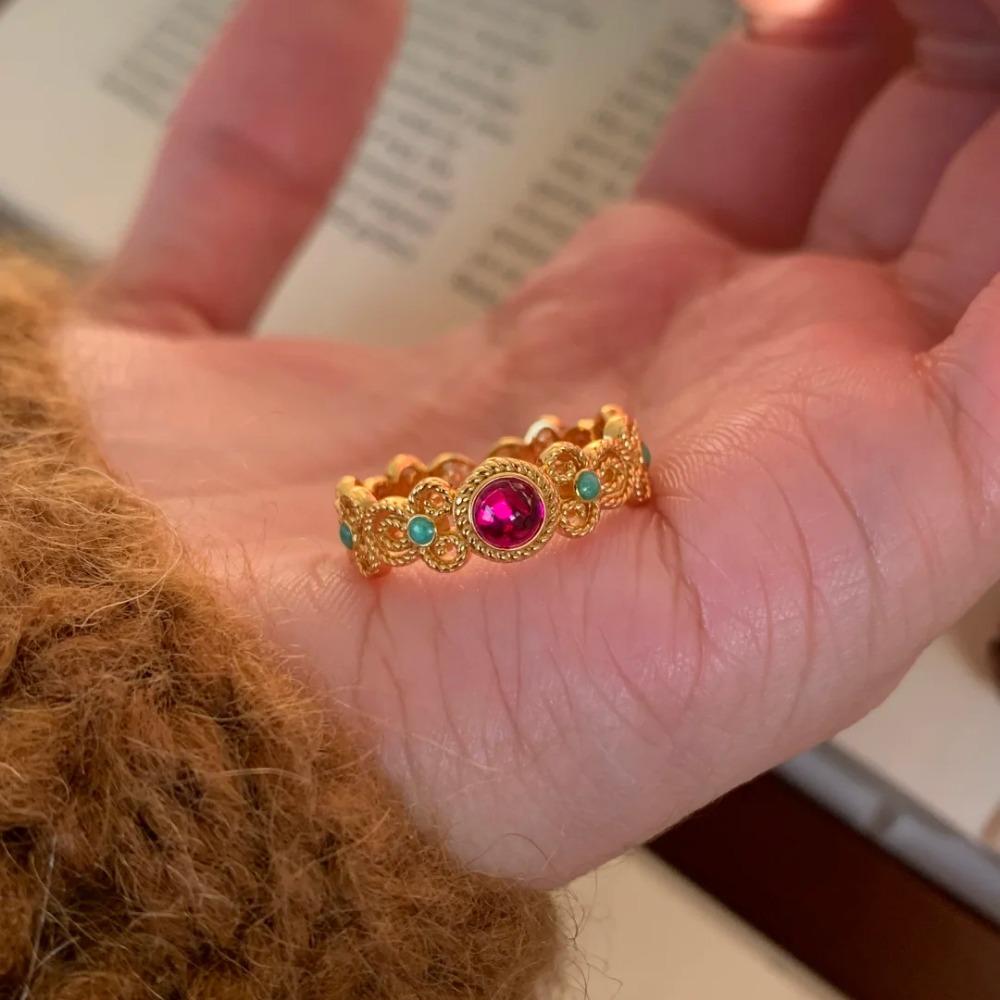 Chinese Style Cloisonne Enamel Floral Window Ring for Women Vintage Palace Inspired Adjustable Open Band