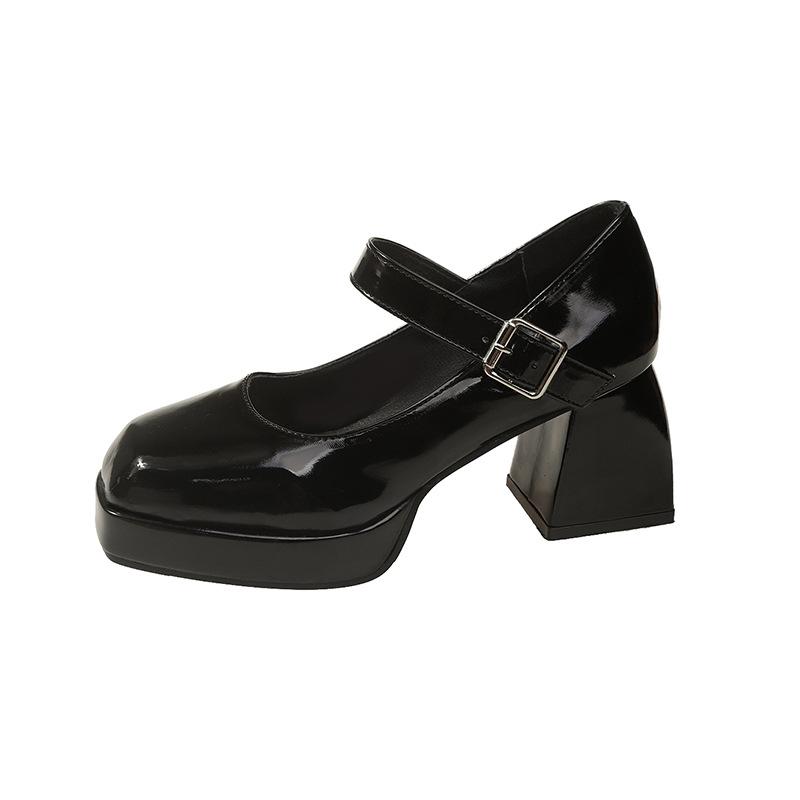 Туфли Мэри Джейн на толстом каблуке, водонепроницаемая платформа, толстая подошва, увеличивающая рост, японская лакированная кожа Spice Girl, черный темперамент, высокий каблук, маленькая кожа