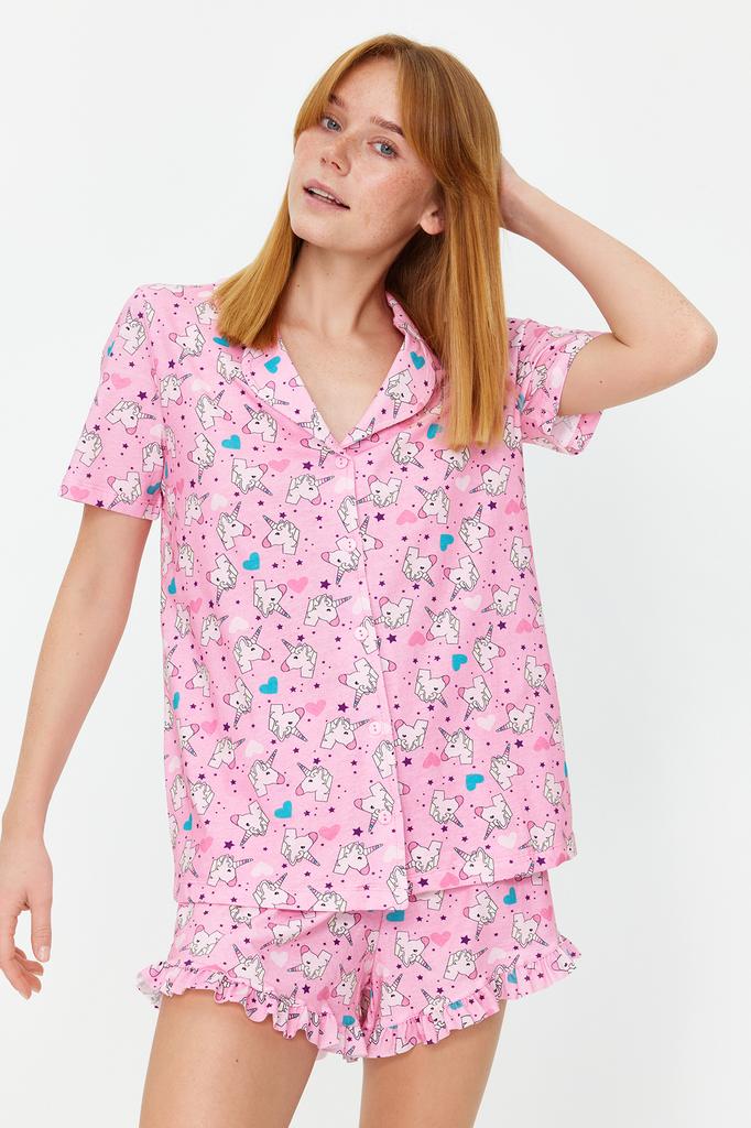 Women's Fashion New Pajama Set Pink 100% Cotton Fun Patterned Shirt-Shorts Knitted Pajama Set