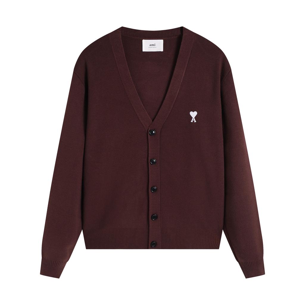 AMI Autumn and Winter New Little White Heart Alpaca Wool Blended Soft and Sticky Knitted Cardigan Round Neck Cloud Sweater Pocket Coat