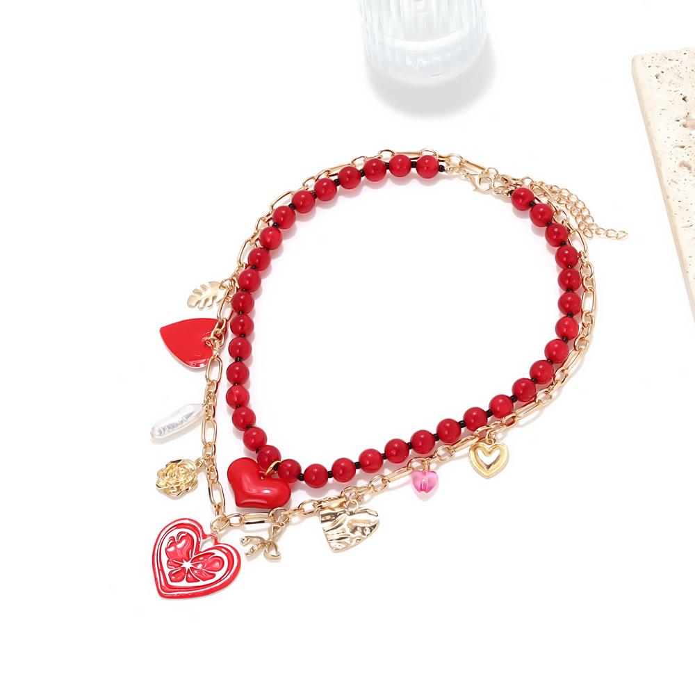 Valentine's Day gift, layered, dripping oil, heart, leaves, pendant, necklace, fashionable design, multi-layered heart-shaped elements