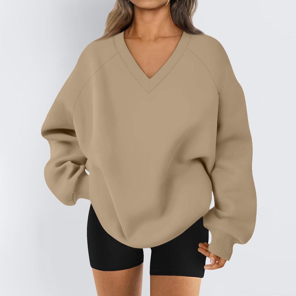 Ladies Long Sleeve Solid Color V-neck Sweatshirt