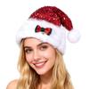 Sequined Santa Hat Glittery Christmas Hat with Bow Fluffy Pompom Unisex Fuzzy Xmas Hat for Christmas New Year Festive Parties