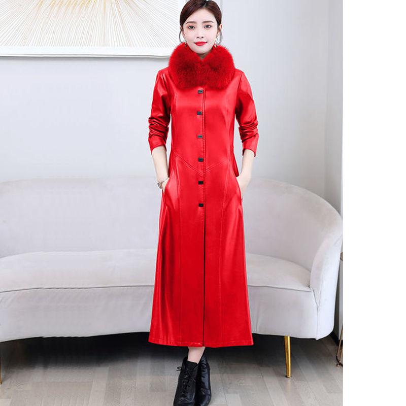 Осенне-зимнее теплое утолщенное лисье меховое женское длинное кожаное пальто-ветровка красного, черного цвета, тонкое модное пальто