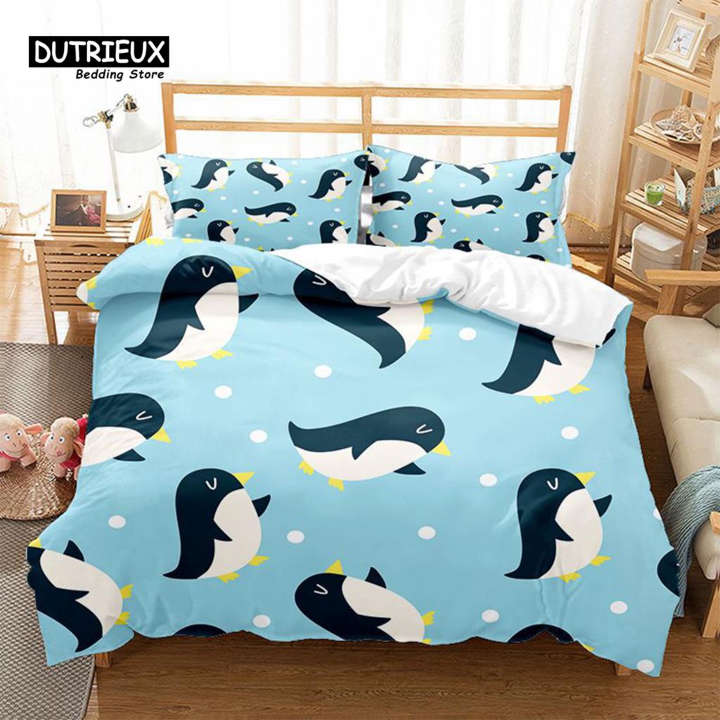 Милый комплект постельного белья с пингвинами, мультяшные животные, пододеяльник, комплект для близнецов, для мальчиков и девочек, декор комнаты, принт, одеяло, чехол с наволочками