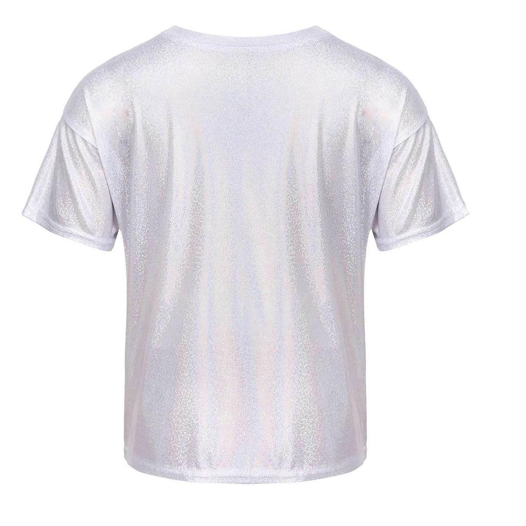 Детская унисекс одежда для девочек и мальчиков, повседневная танцевальная одежда с коротким рукавом, металлизированная блестящая блузка, топ