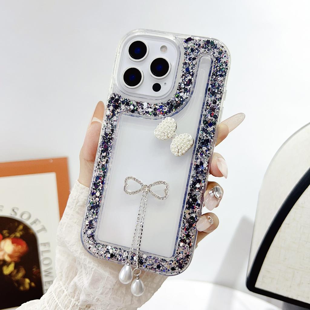 For iPhone 16 Pro Max Case with Bow Decor Glitter Rhinestone Epoxy Design TPU Phone Cover