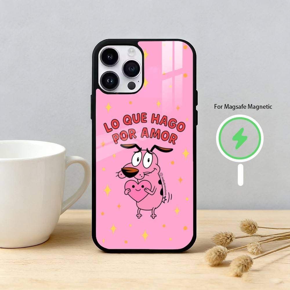 Мультяшный чехол для телефона C-COURAGE Собака-Трусишка D-Dog для iPhone 17 16 15 14 13 12 Pro Max Plus с зеркальной беспроводной магнитной крышкой