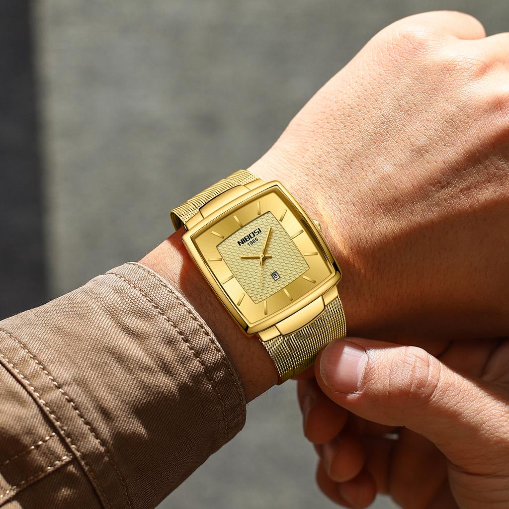 NIBOSI Mens Watches Top Brand Luxury Blue Square Quartz Watch Men Slim Waterproof Golden Male Wristwatch Men