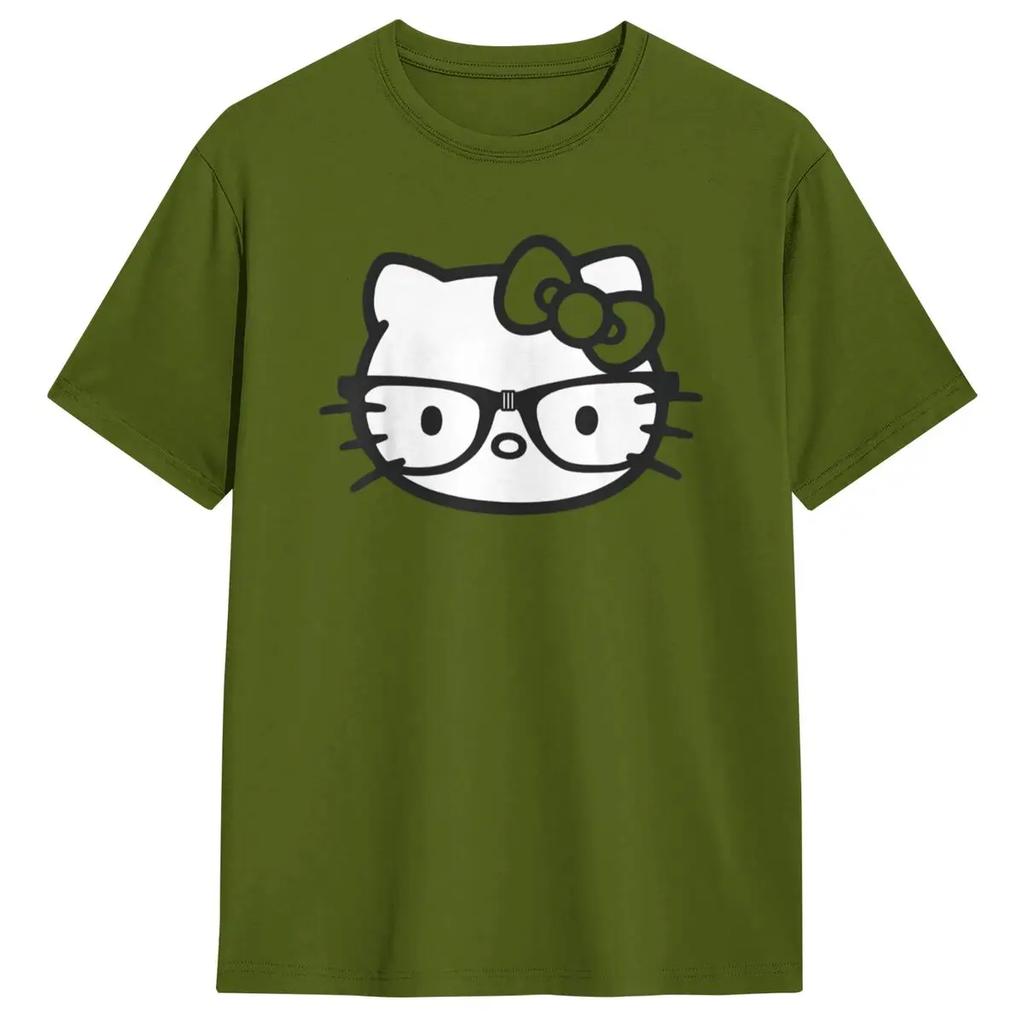 Hello Kitty Черно-белые Очки-Нерды Футболки С коротким рукавом Эстетичные Летние 100% Хлопок Круглый вырез Одежда Больших размеров