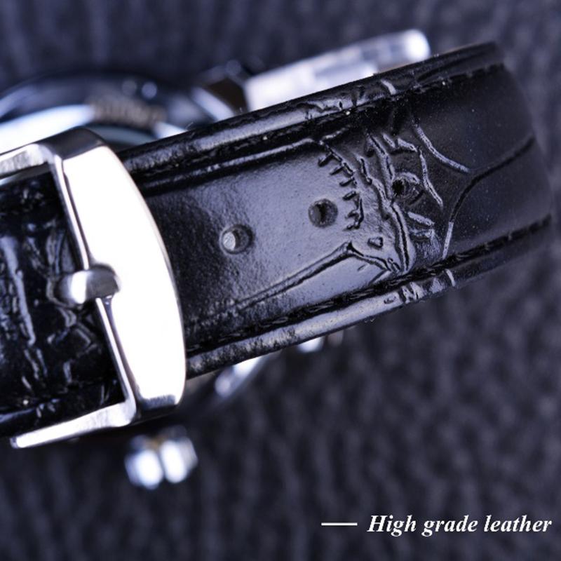 WINNER Черные часы-скелетоны с синей гравировкой, мужские часы с кожаным ремешком, автоматические часы лучшего бренда класса люкс