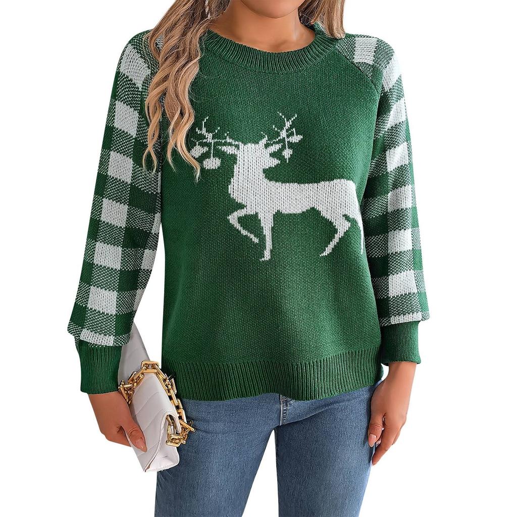Women's Fashion Casual Loose Christmas Plaid Deer Pattern Contrast Color Sweater Long Sleeve Pullover Top