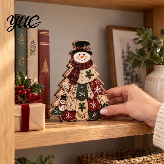 Indoor Holiday Window Ornament Quilted Christmas Tree Wooden Table Sign, 2D Flat Fabric Patchwork Pattern Desktop Vintage Plaid Decor Ornament, Rustic