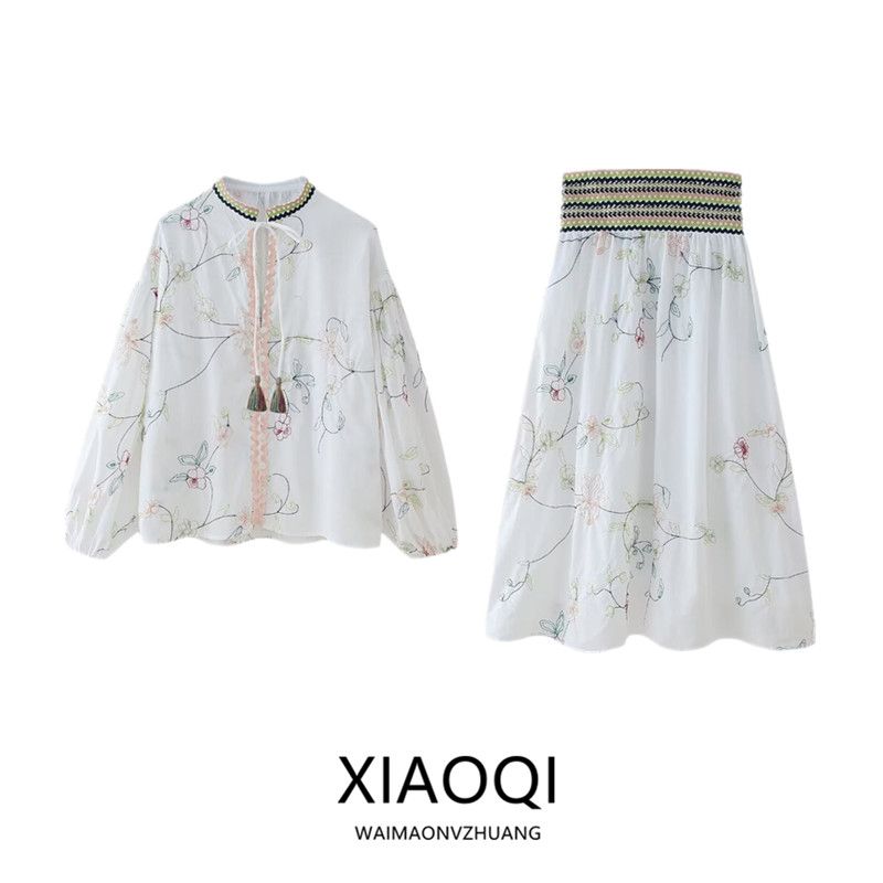 Fashion Style 2024 Summer New Arrival Women's Clothing Stylish Flower Embroider Shirt High Waist Skirt 5770037