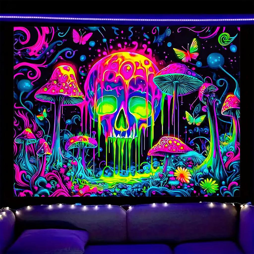 Nuxovilar UV Reactive Tapestry – Skull and Mushroom Scene Blacklight Wall Hanging, Enchanted Forest Glow Art for Bedroom and Living Room Decor,