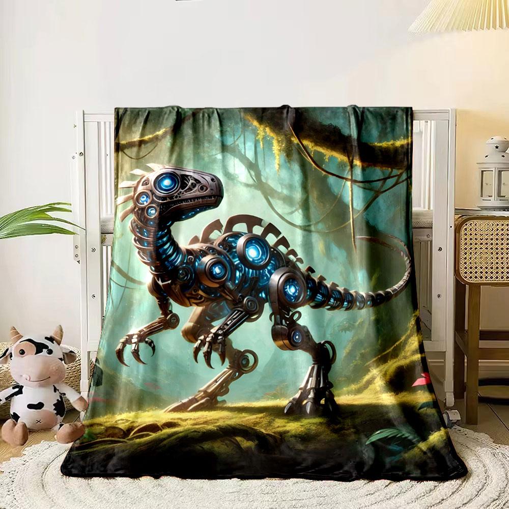 A robotic dinosaur with glowing blue lights in a lush jungle setting. for all seasons blanket lunch break throw gift