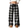 Women's Casual Plaid Print -Lined Wide Leg Pants with Elastic Waist, Loose Fit Trousers for Fall Winter