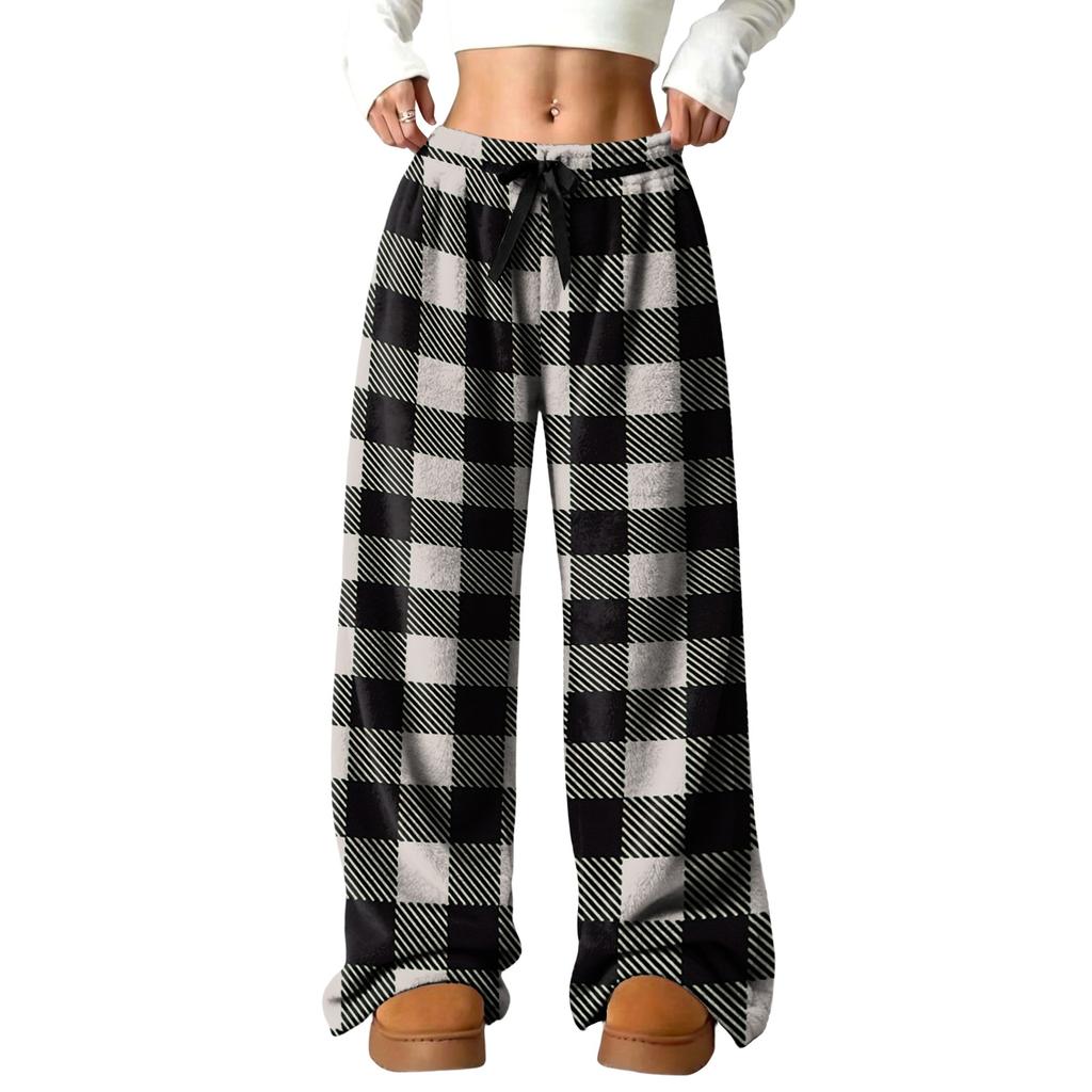 Women's Casual Plaid Print -Lined Wide Leg Pants with Elastic Waist, Loose Fit Trousers for Fall Winter