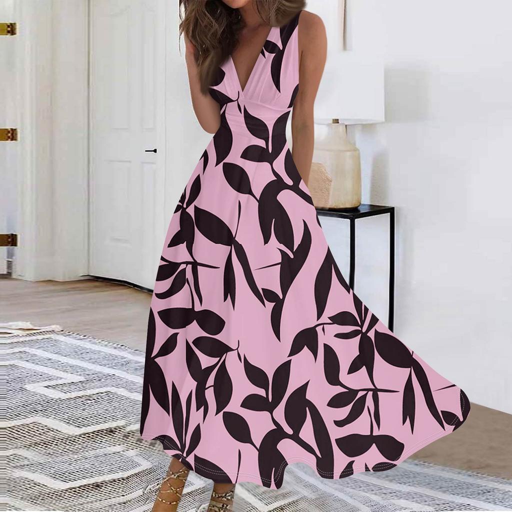 Женские модные повседневные свободные платья с V-образным вырезом без рукавов с принтом