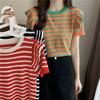 Полосатая круглая горловина тонкая трикотажная рубашка с короткими рукавами летняя мода модный шик оборчатый дизайн Sense Niche топы повседневные облегающие пуловеры футболки