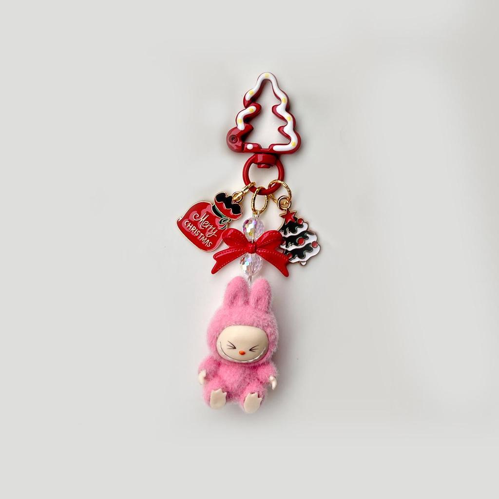 Flocked Labu Labubu Mini Keychain: Cute Grain Stroller Bag & Phone Pendant Ornament