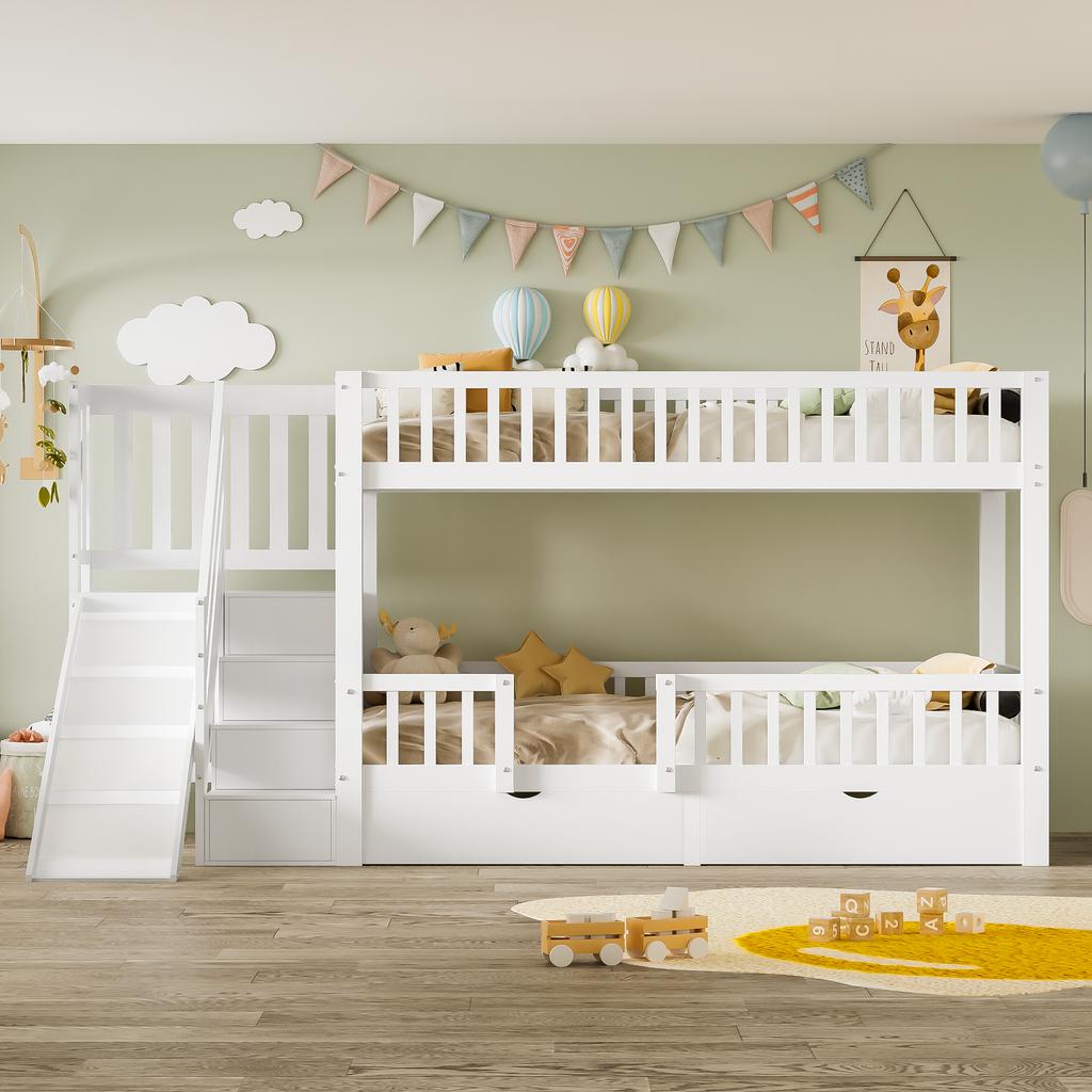 Children's bunk bed, with slide and stairs, with 2 drawers, with magnetic door, without mattress, solid wood, white, 90*200(OLD SKU:322135678AAW-1)