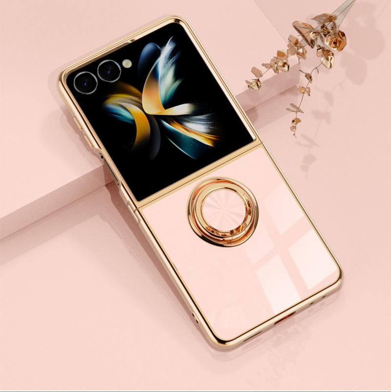Phone Case For Samsung Galaxy Z Flip 7 flip7 Silicone Stand Beautiful plating Metal Ring Holder Cover