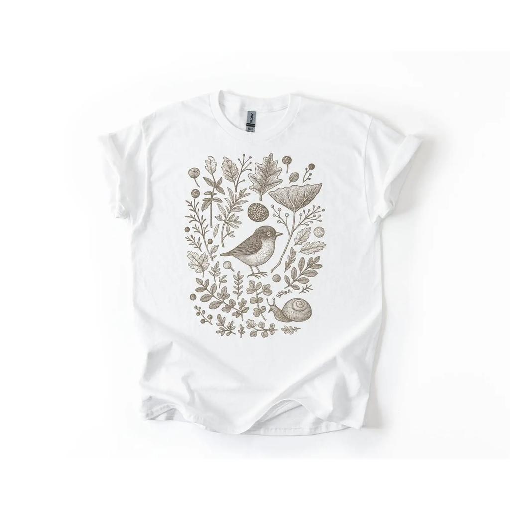 Forest Bird and Snail T Shirt Botanical Woodland Wholesome Naturecore vintage Washed Casual Comfortable Versatile Stylish