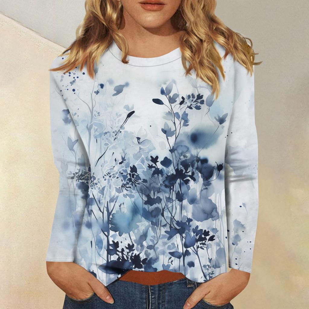 Женская модная повседневная футболка с круглым вырезом и длинным рукавом с принтом, топ